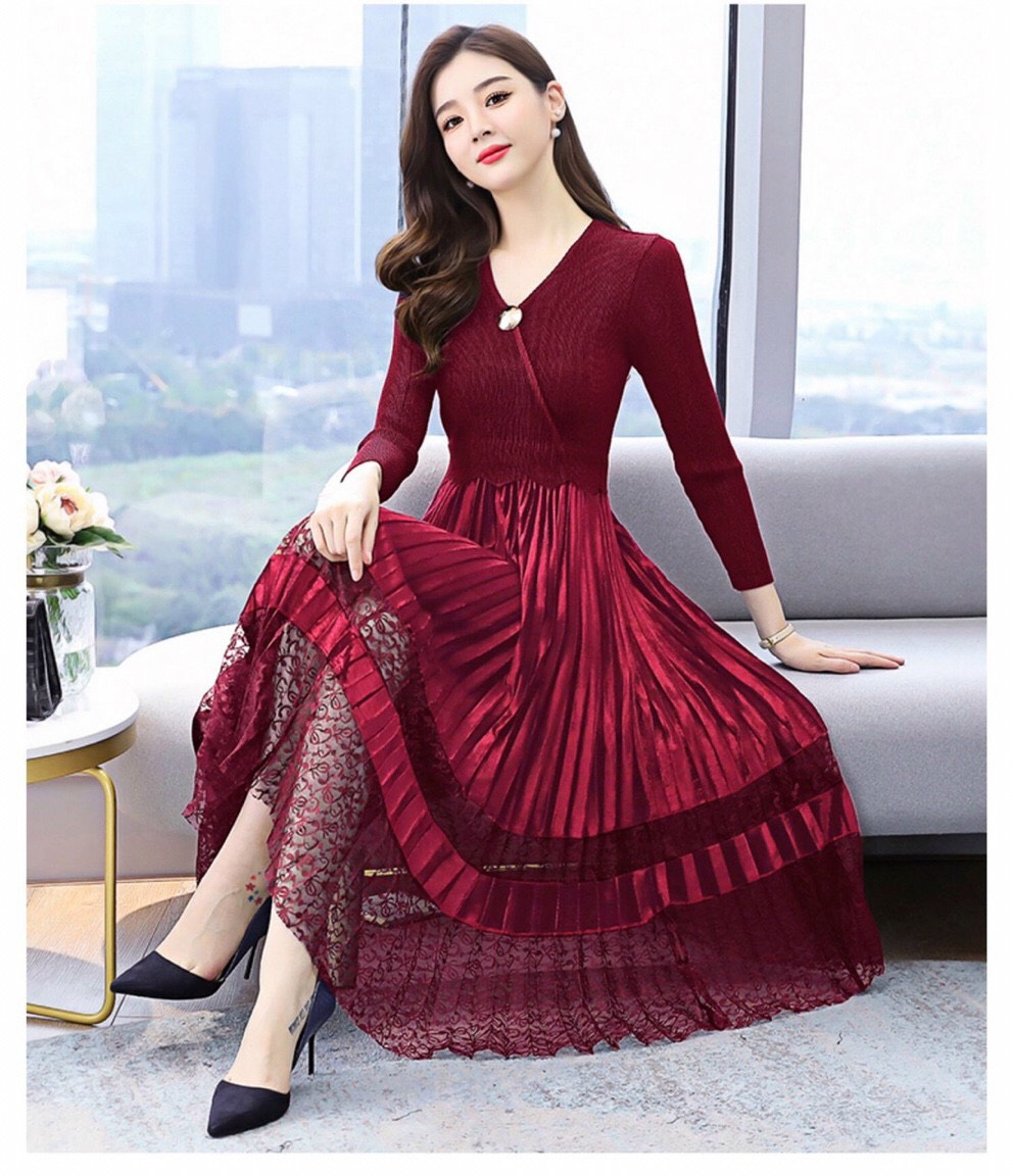 Đầm Dập Ly Chân Nhung Phối Ren - HN919